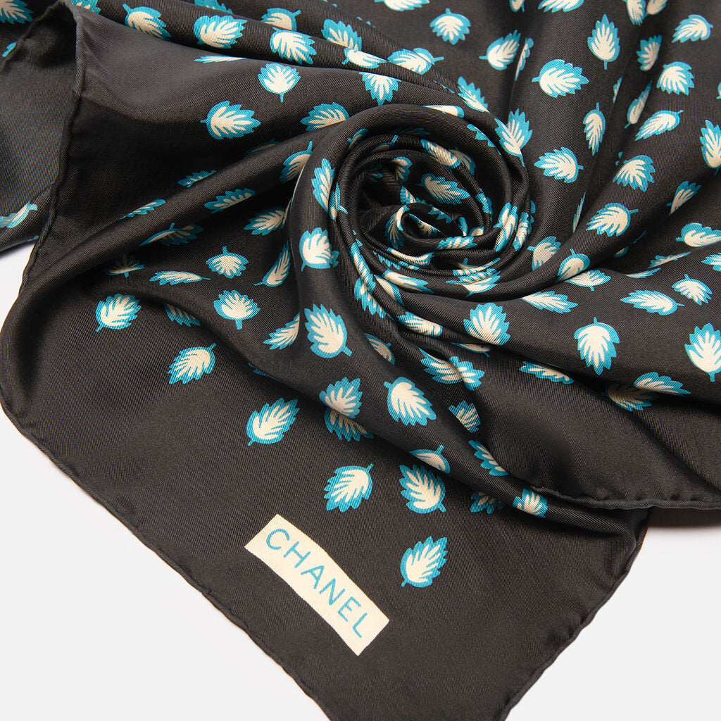 Chanel Black & Blue Leaf Print Scarf