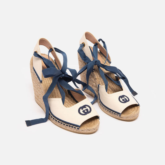 Gucci Blue White Espadrille Wedge Sandal