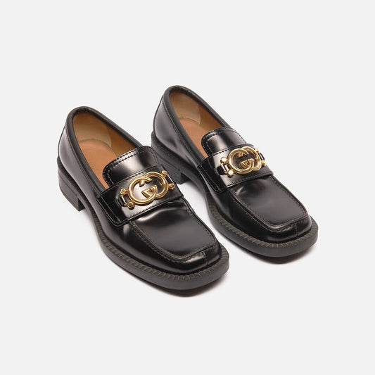 Gucci Black Gold Chain Logo Loafers