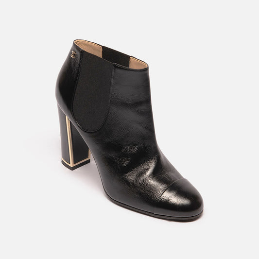 Chanel Black Leather Gold Logo Heel Ankle Boots