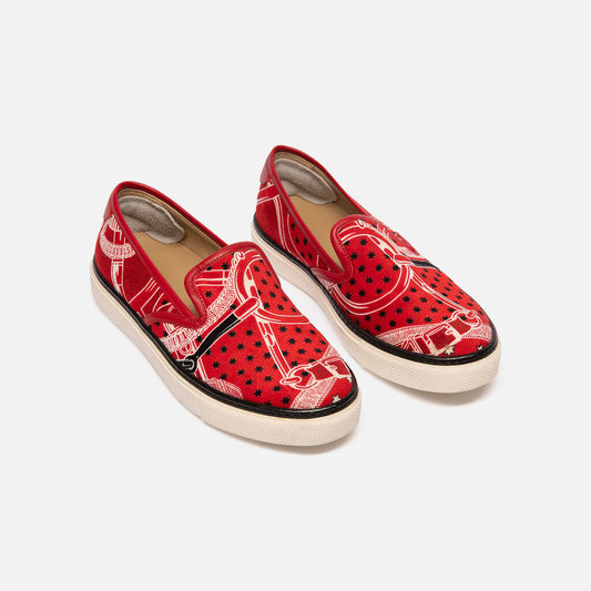 Hermes Red & White Printed Velvet Sneakers