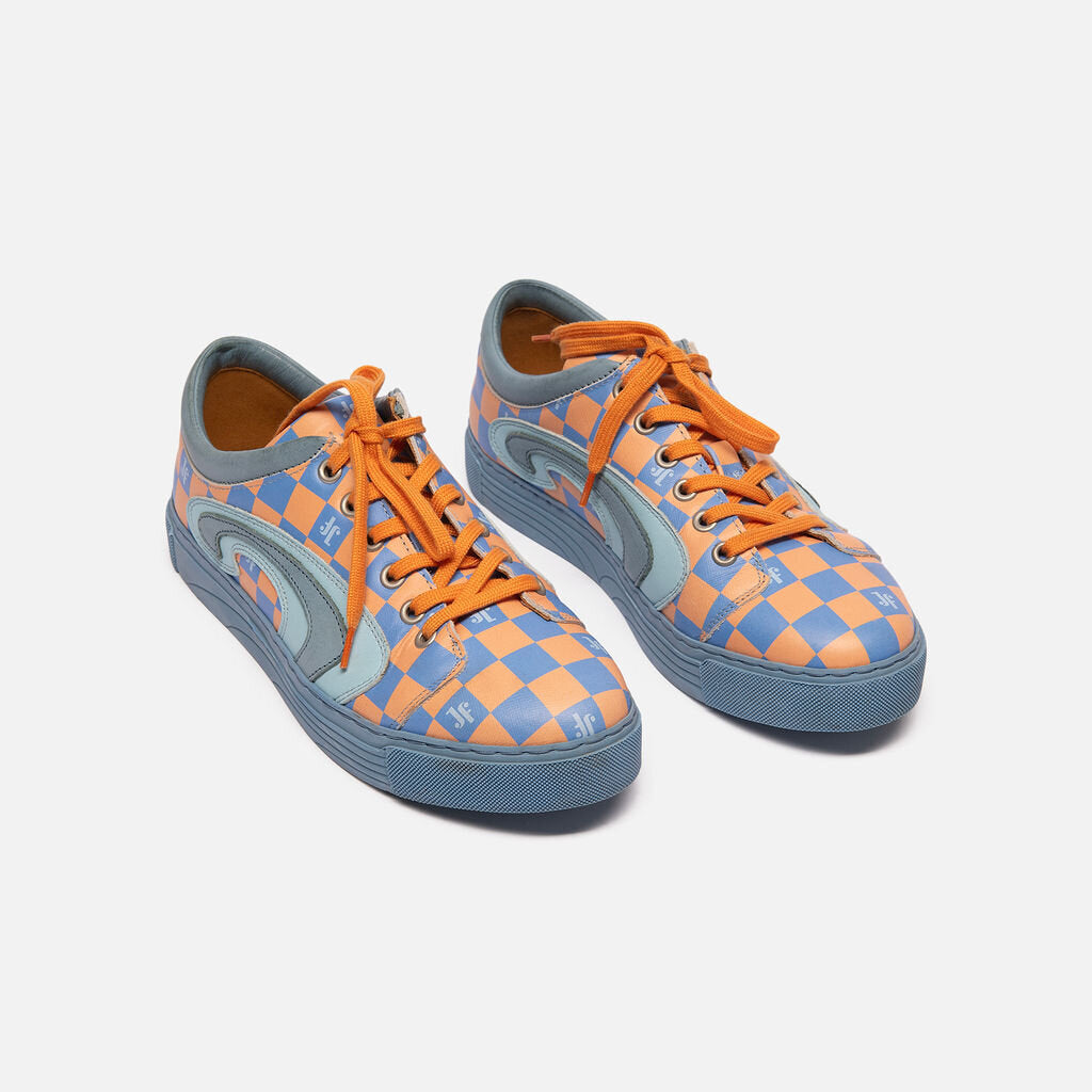 John Fluevog Orange & Blue Check Leather Sneakers