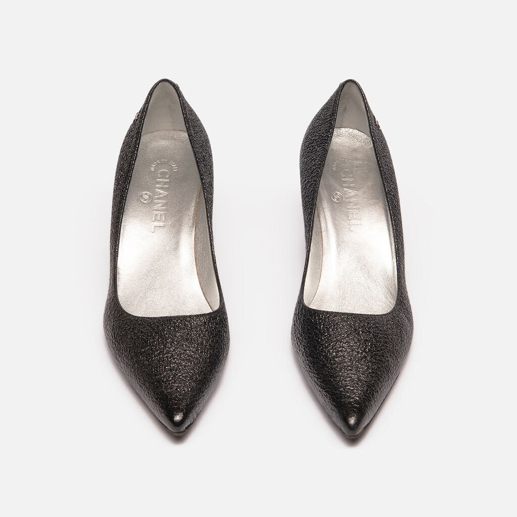 Chanel Black Crinkle Leather Pumps