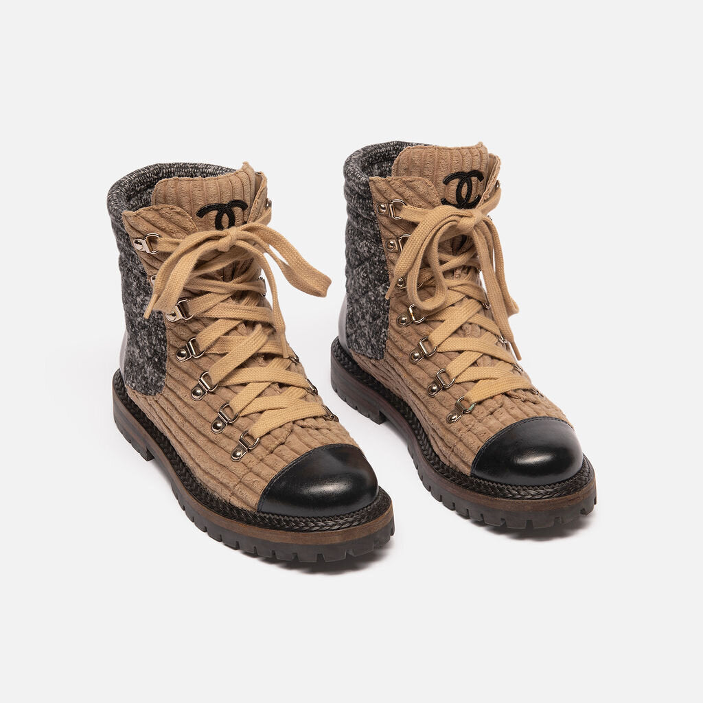 Chanel Brown & Black Corduroy Boots