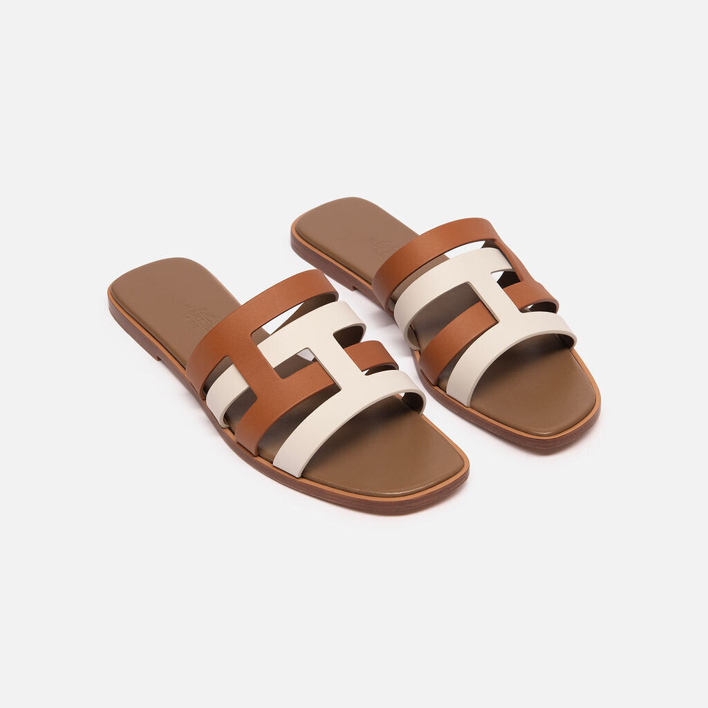 Hermes Brown & Cream Leather Sandals