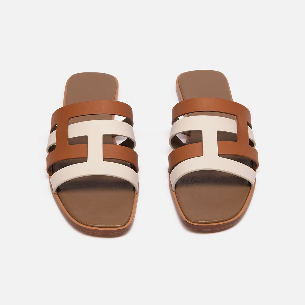 Hermes Brown & Cream Leather Sandals
