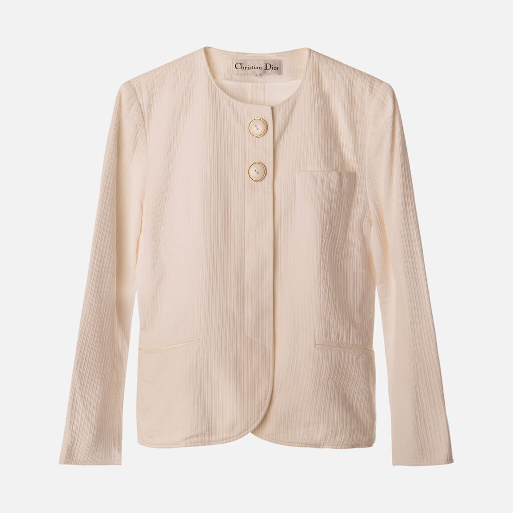 Christian Dior White Cotton Textured Gold Button Jacket