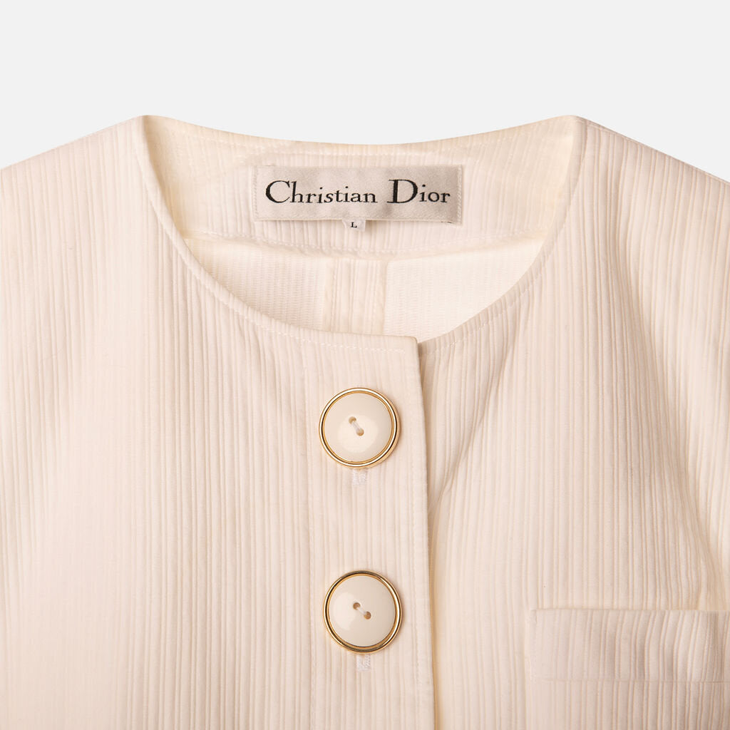 Christian Dior White Cotton Textured Gold Button Jacket