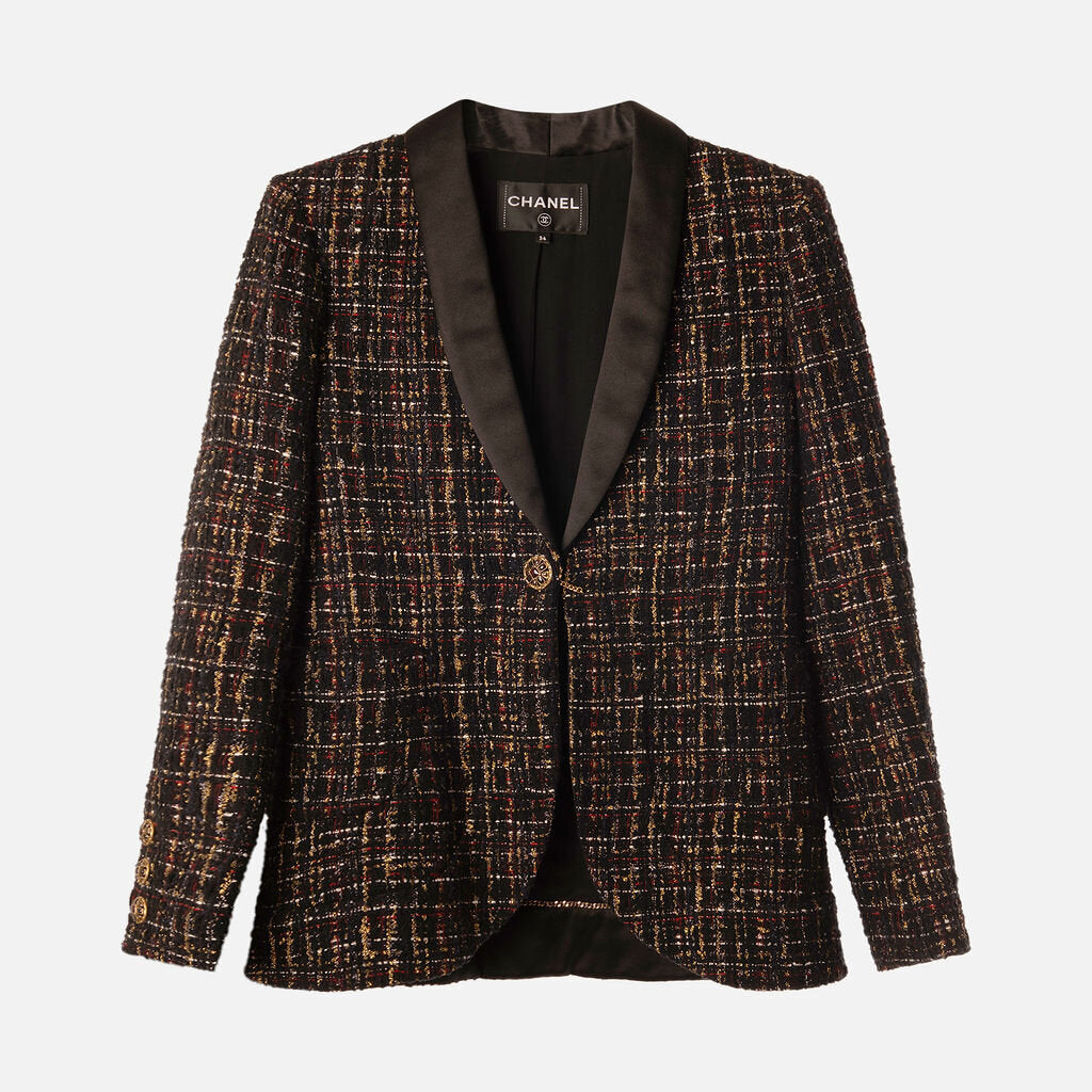 Chanel Metiers d'Art Wool Blend Satin Lapel Tweed Blazer (2019)