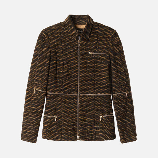 Chanel Black & Gold Wool Blend Zipper-Detail Jacket