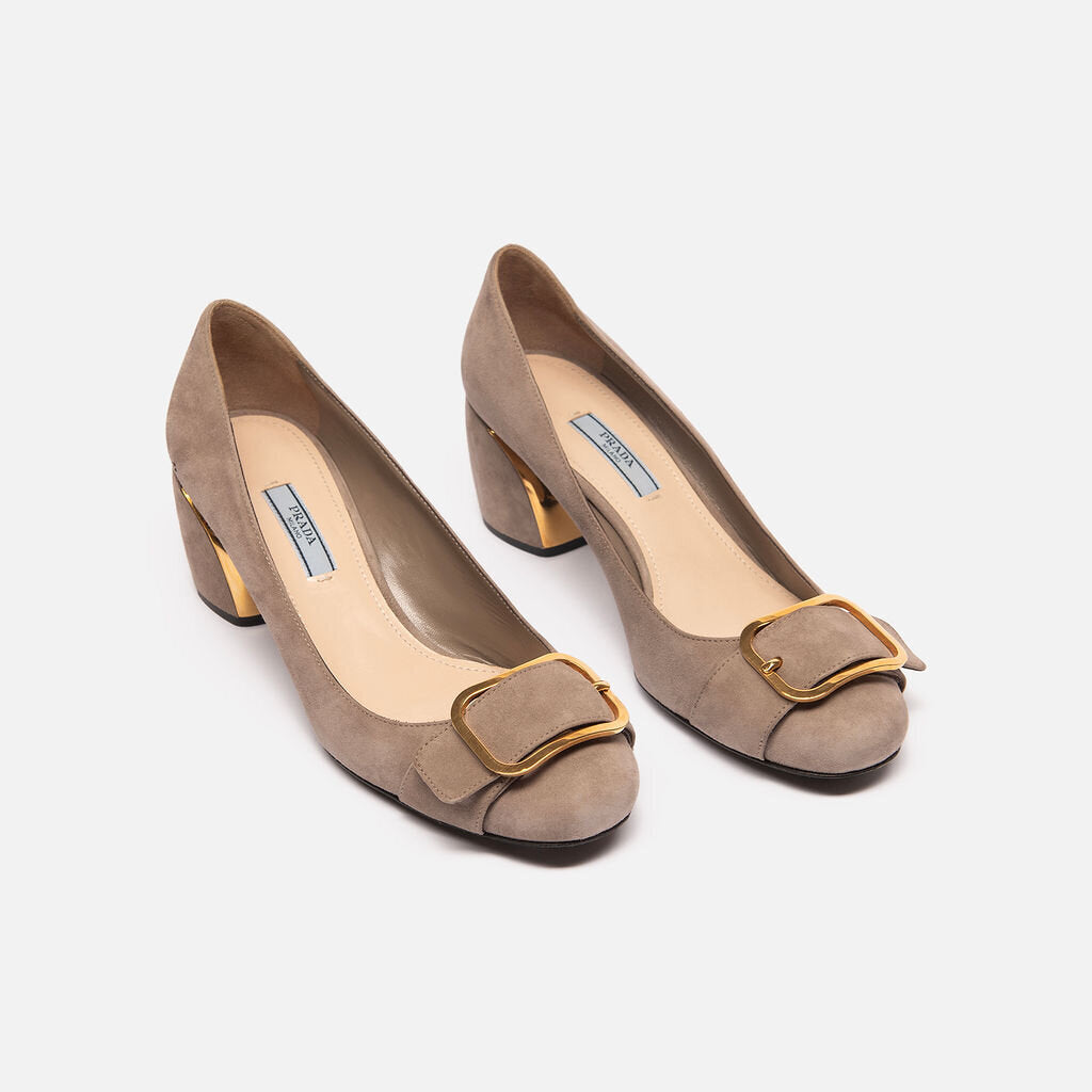 Prada Taupe Suede Block Heel Shoes