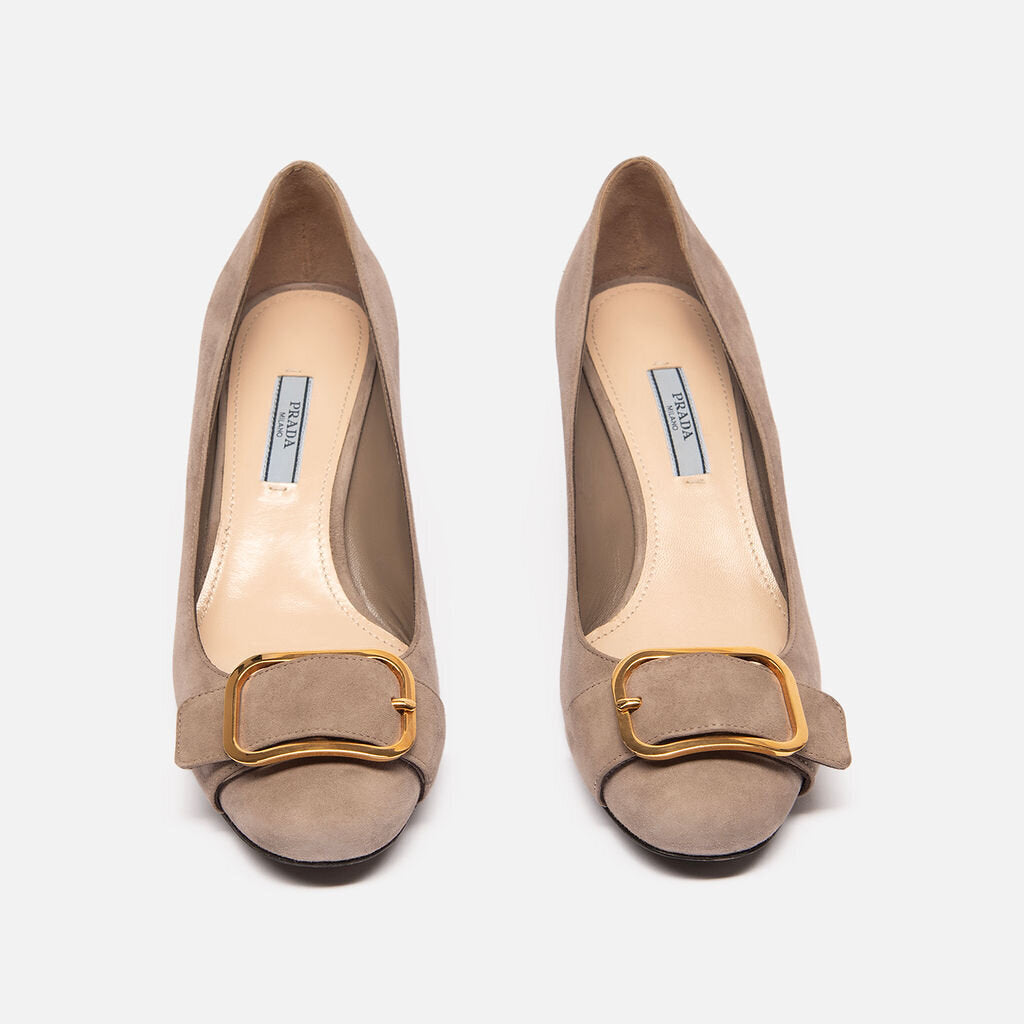 Prada Taupe Suede Block Heel Shoes