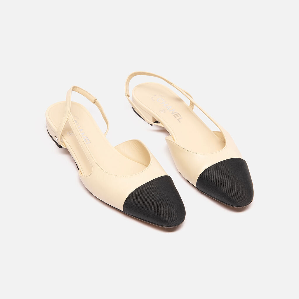 Chanel Cream Leather Captoe Slingback Flats