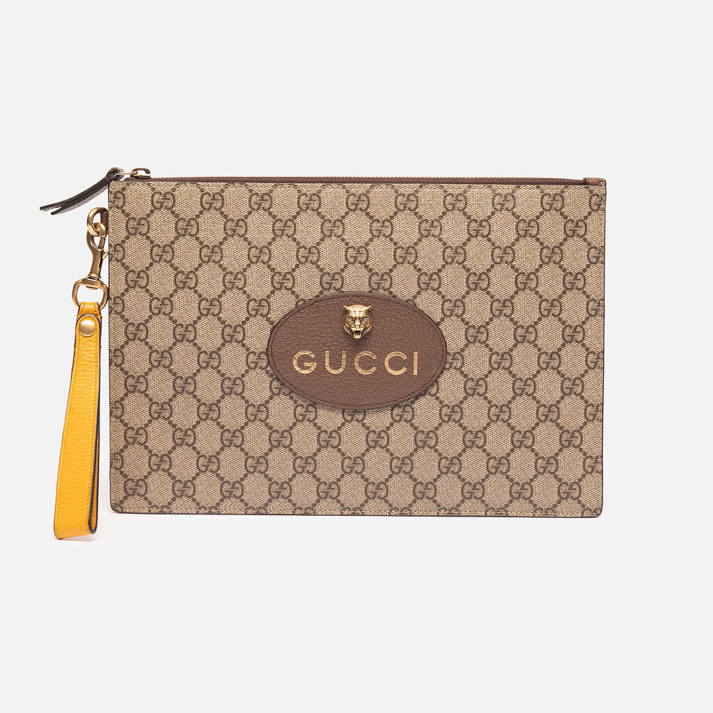 Gucci GG Supreme Tiger Head Clutch on Strap