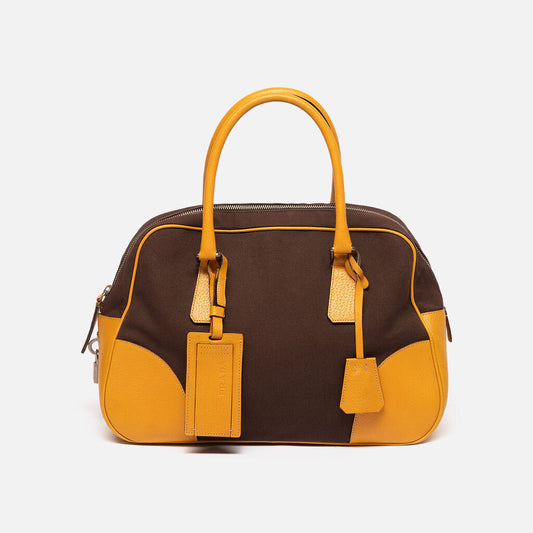 Prada Brown Canvas & Yellow Leather Boston Bag