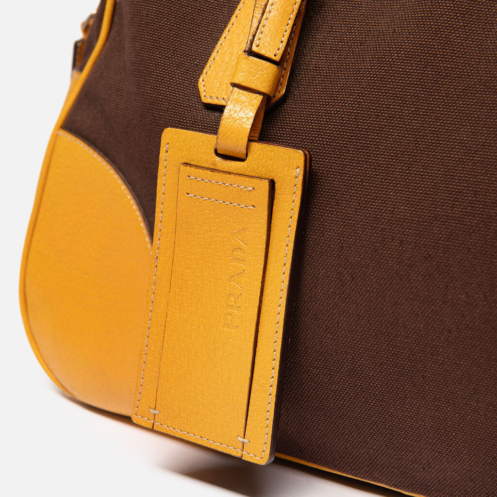 Prada Brown Canvas & Yellow Leather Boston Bag
