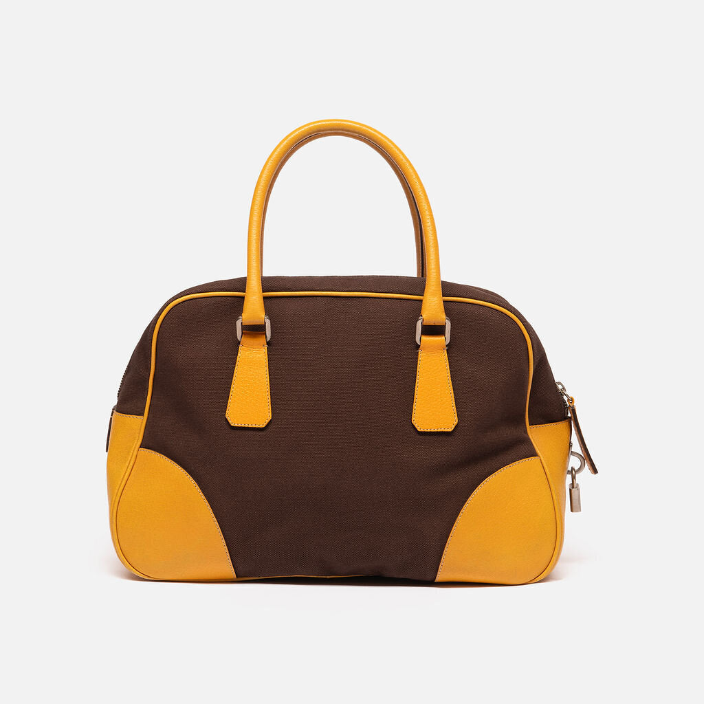 Prada Brown Canvas & Yellow Leather Boston Bag