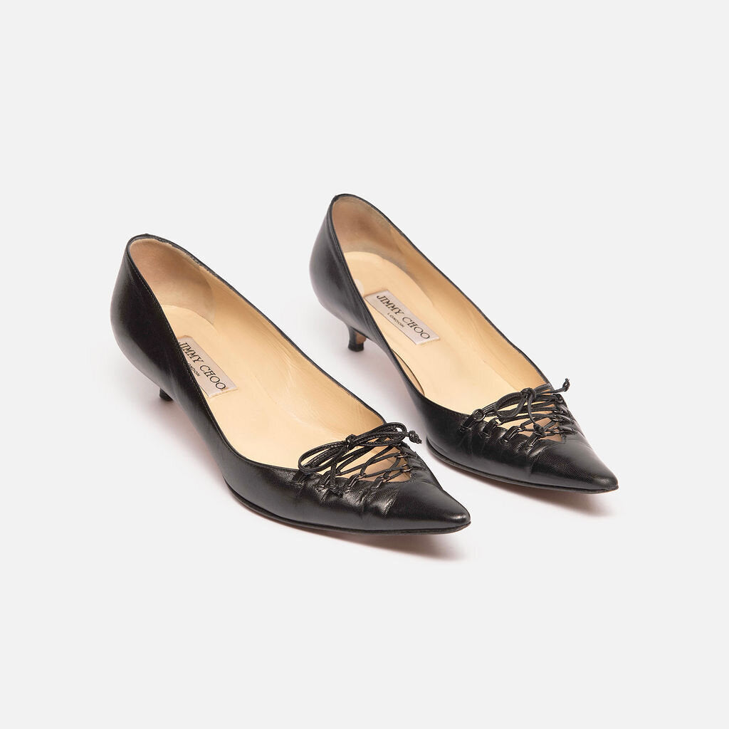 Jimmy Choo Black Leather Lace Up Kitten Heel