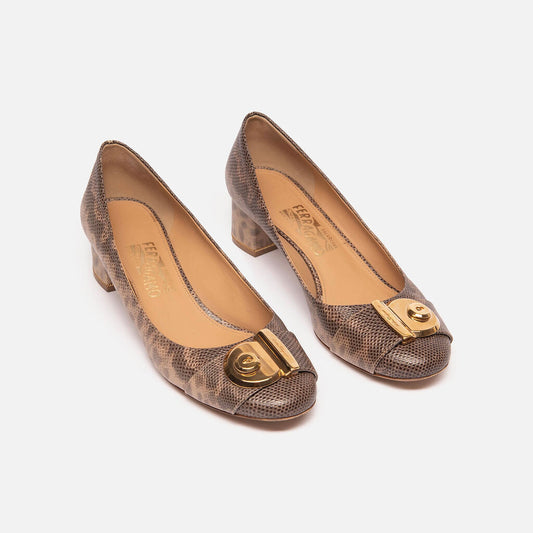 Salvatore Ferragamo Animal Print Pebbled Leather Block Heel