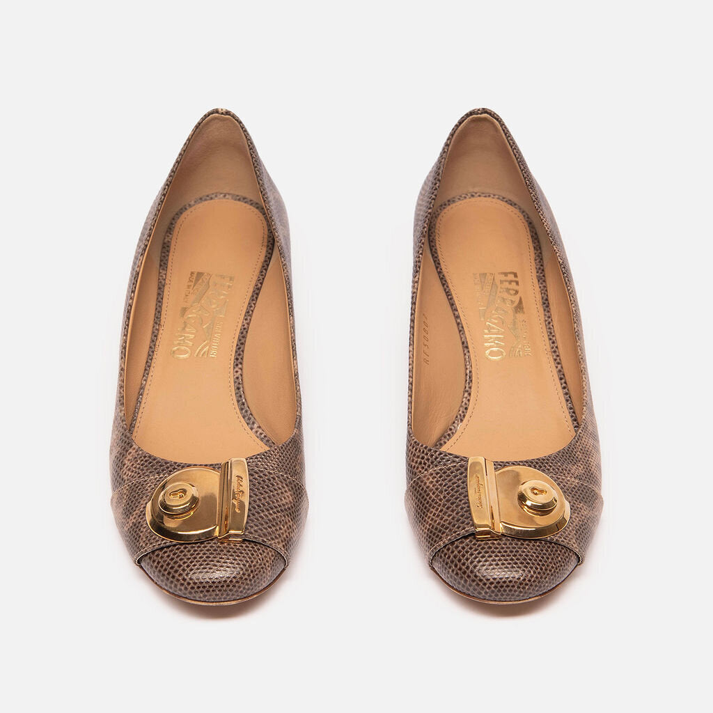 Salvatore Ferragamo Animal Print Pebbled Leather Block Heel