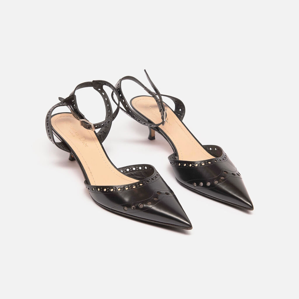 Christian Dior Black Leather Perforated Kitten Heels
