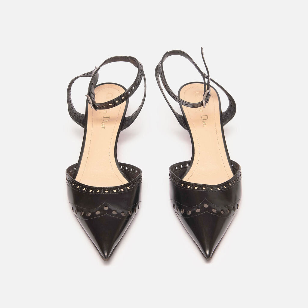 Christian Dior Black Leather Perforated Kitten Heels