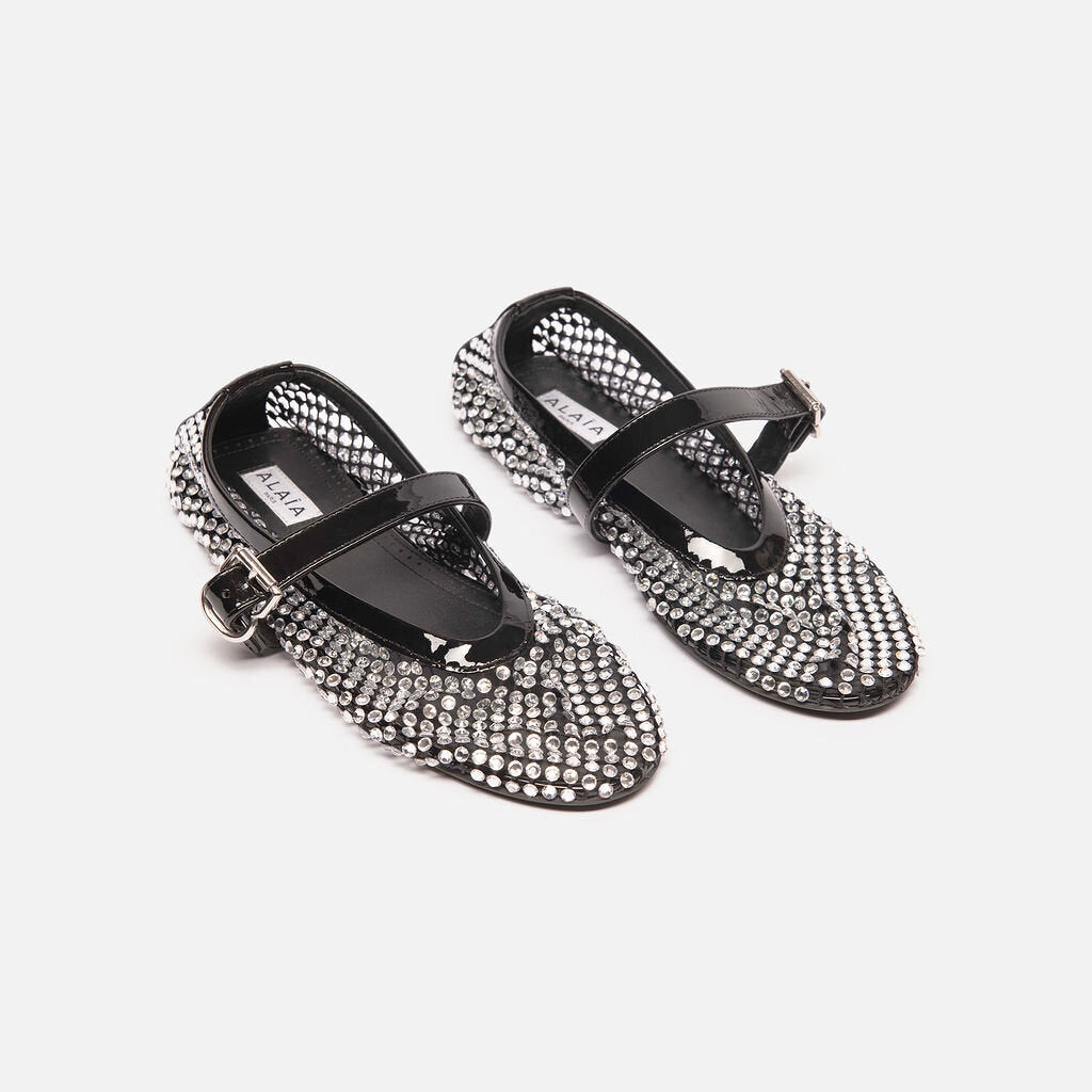 Alaia Black Mesh Rhinestone Flats