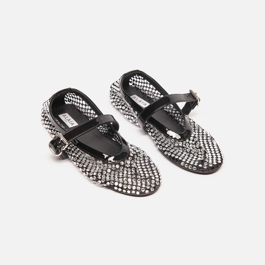 Alaia Black Mesh Rhinestone Flats