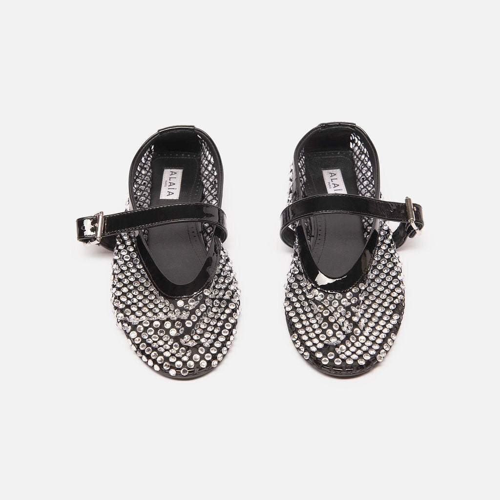 Alaia Black Mesh Rhinestone Flats