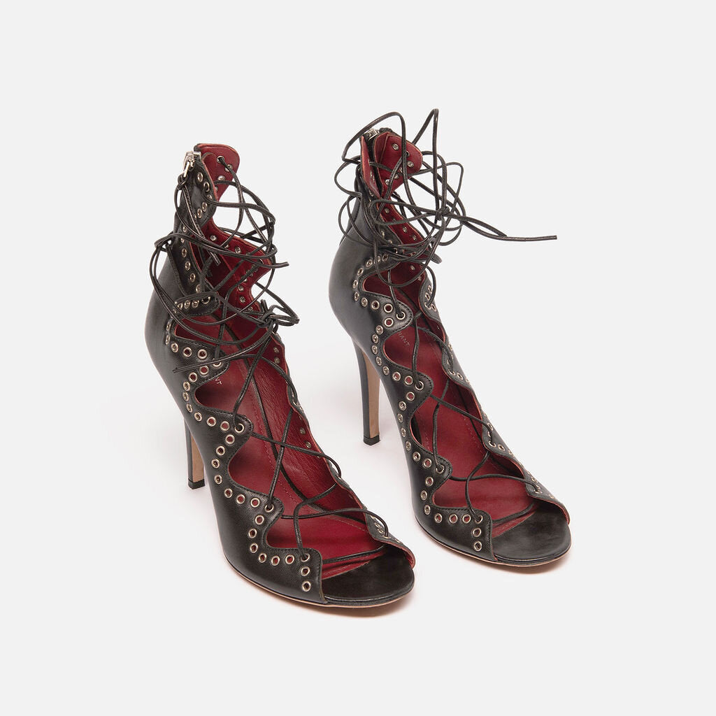 Isabel Marant Black Leather Studded Strappy Heels
