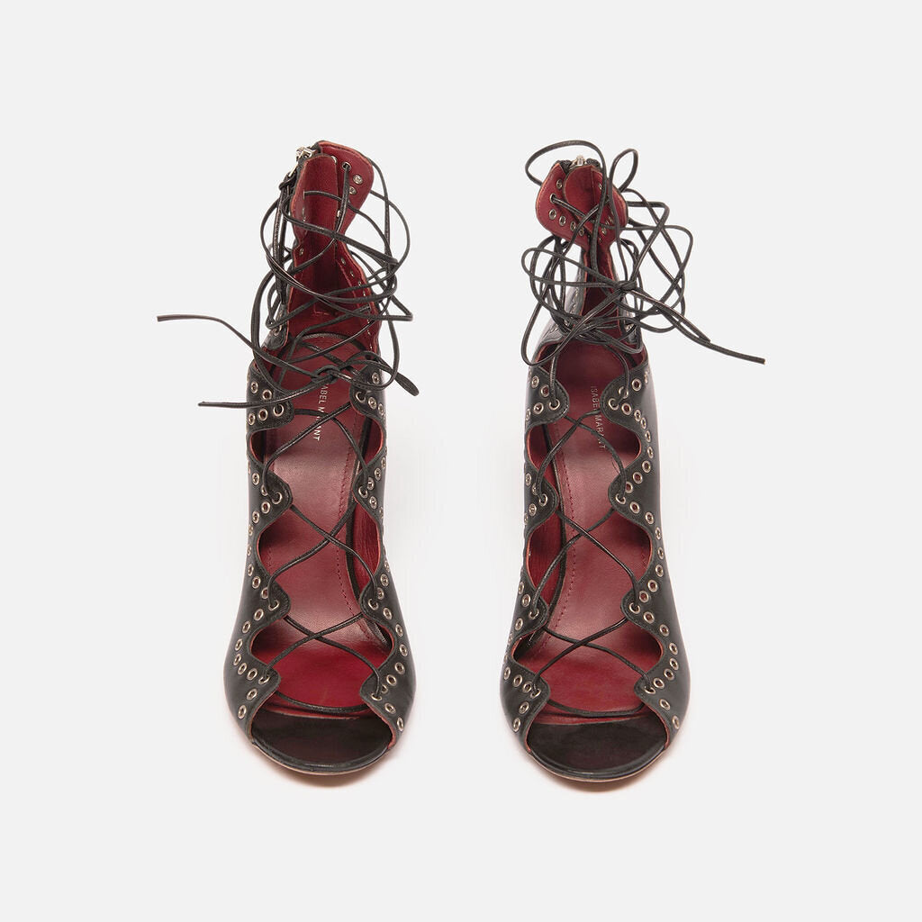 Isabel Marant Black Leather Studded Strappy Heels