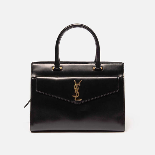 YSL Black Leather Logo Structured Tote