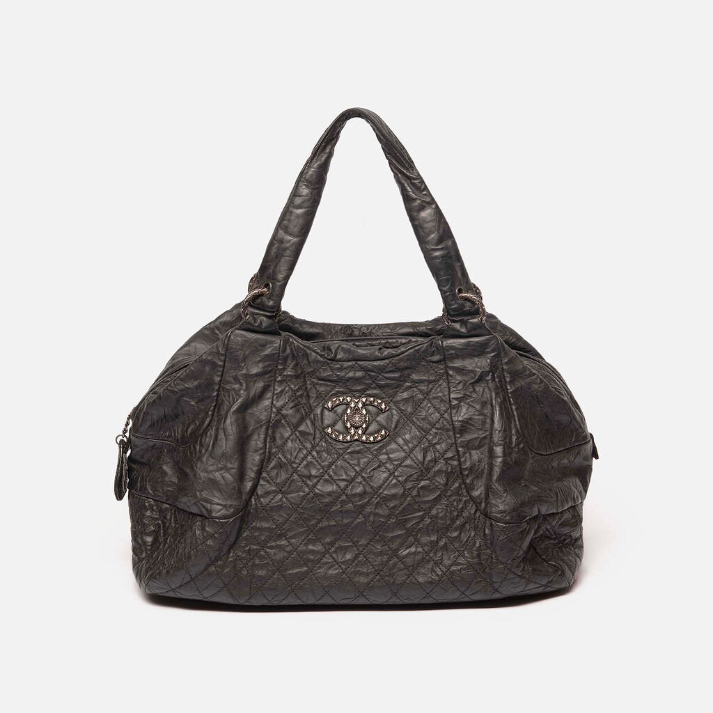 Chanel Large Black Calfskin Bowler Bag With Quilted Rhodium Logo