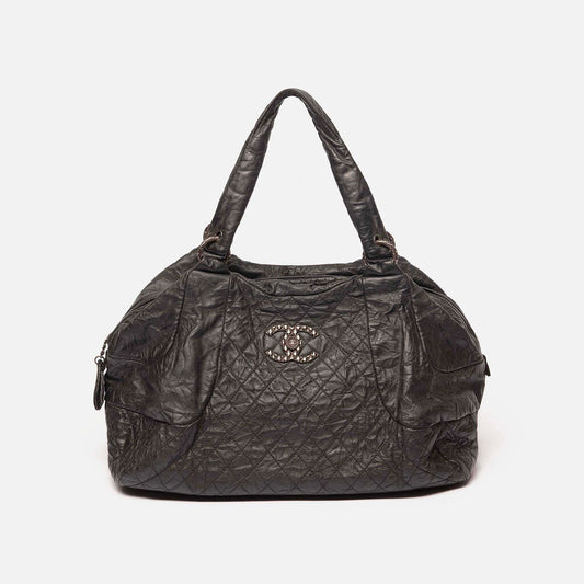 Chanel Large Black Calfskin Bowler Bag With Quilted Rhodium Logo