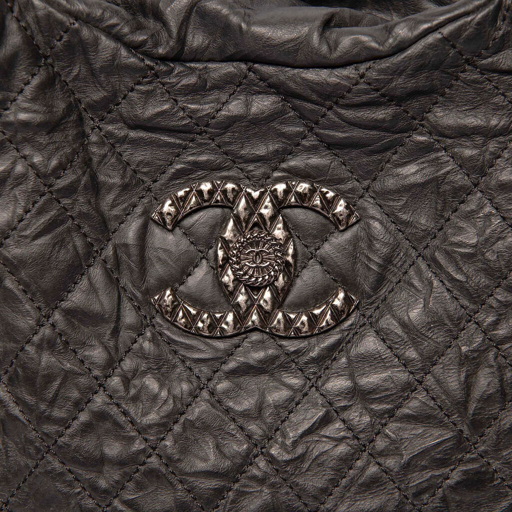 Chanel Large Black Calfskin Bowler Bag With Quilted Rhodium Logo