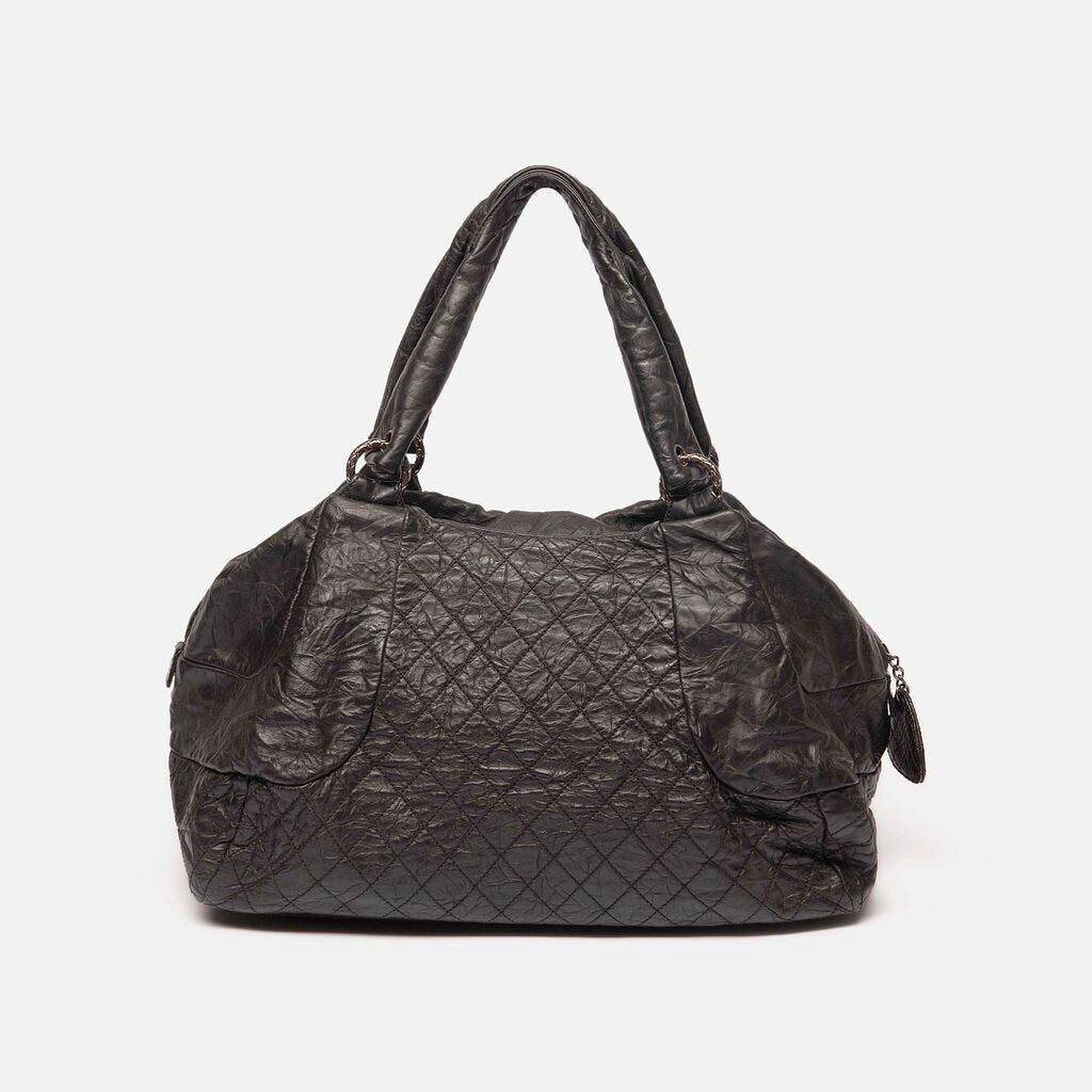 Chanel Large Black Calfskin Bowler Bag With Quilted Rhodium Logo