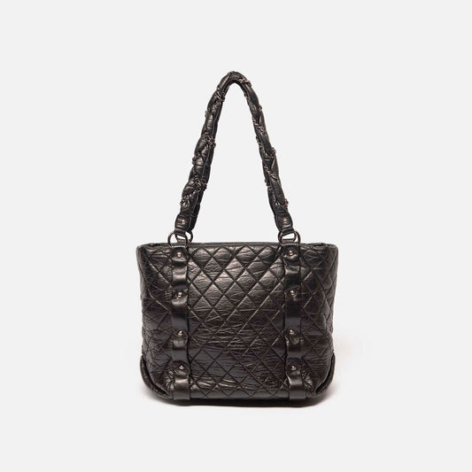 Chanel Black Distressed Calfskin With Intertwining Chain Strap Tote