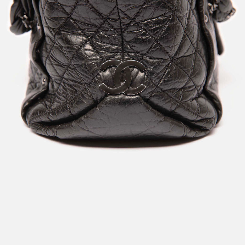 Chanel Black Distressed Calfskin With Intertwining Chain Strap Tote