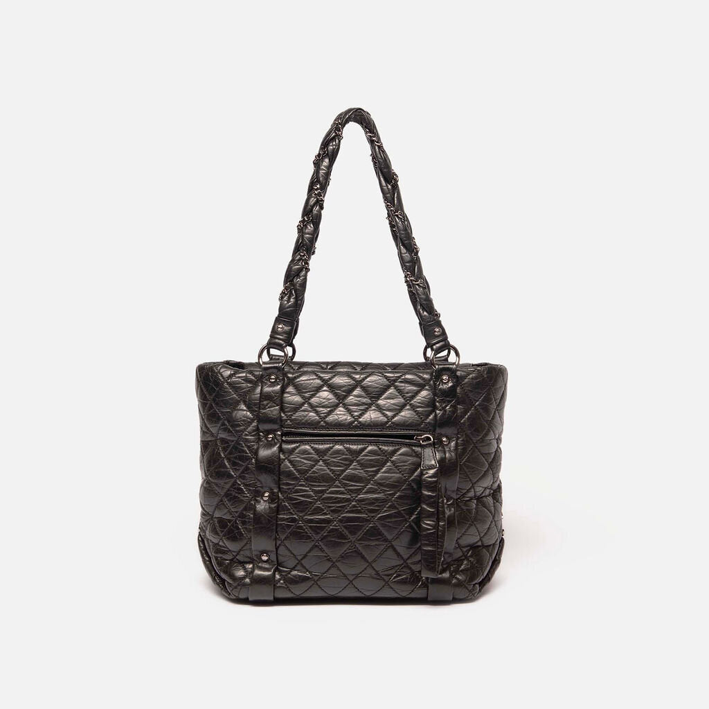 Chanel Black Distressed Calfskin With Intertwining Chain Strap Tote