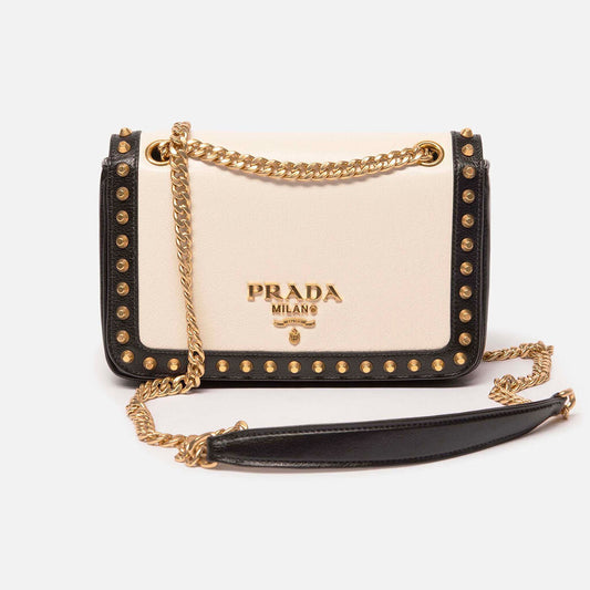Prada Ivory Black Leather Studded Glace Crossbody Bag