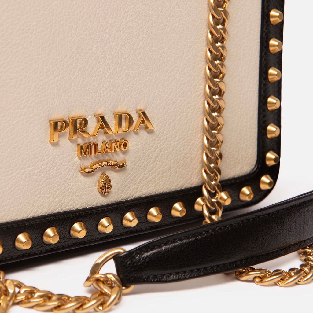 Prada Ivory Black Leather Studded Glace Crossbody Bag