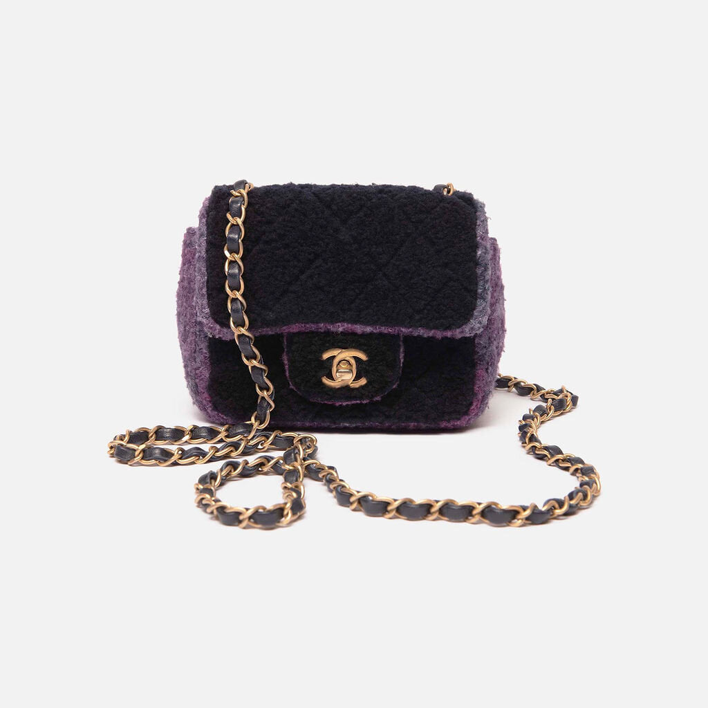 Chanel Purple/Black Shearling Tweed Mini Flap