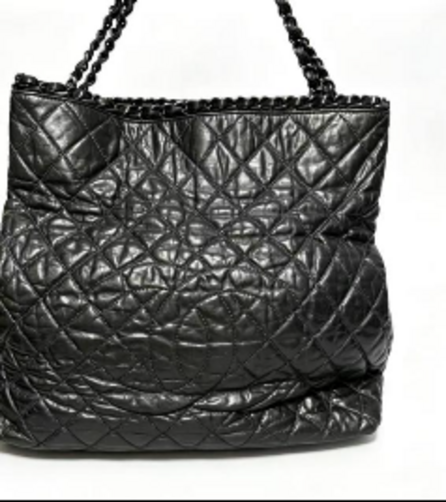 Black Glazed Leather Quilted Chain Tote