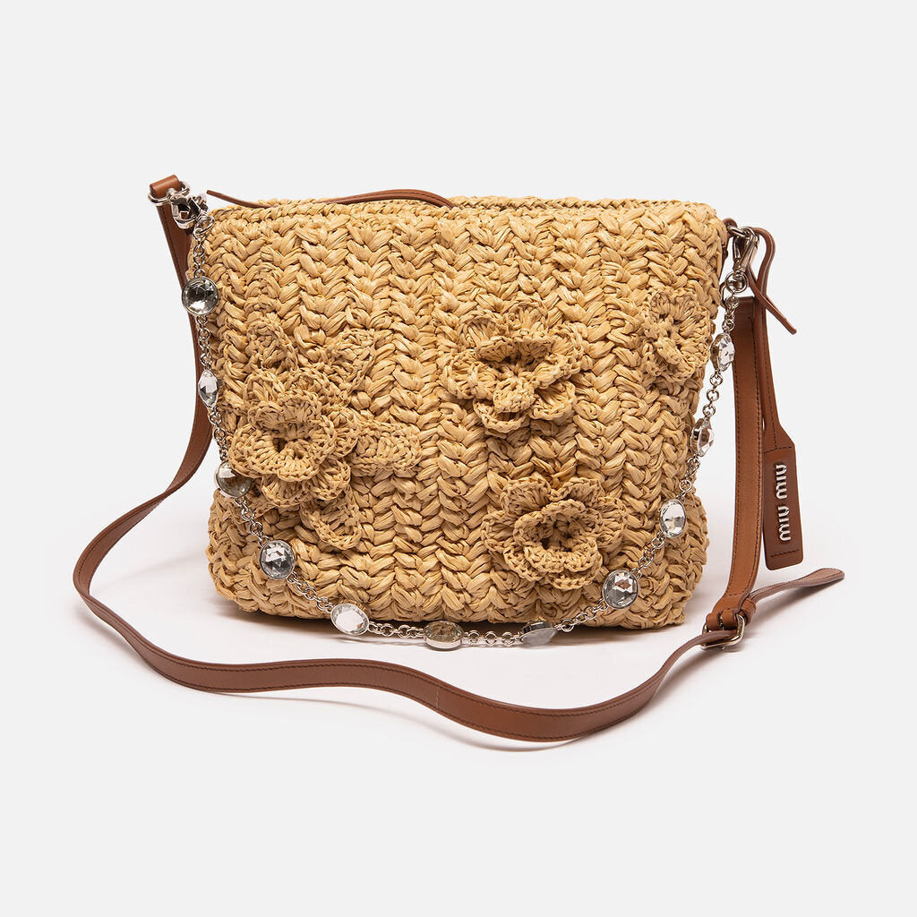 Miu Miu Tan Raffia & Floral Crossbody Bag