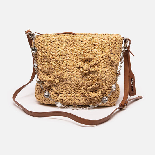Miu Miu Tan Raffia & Floral Crossbody Bag