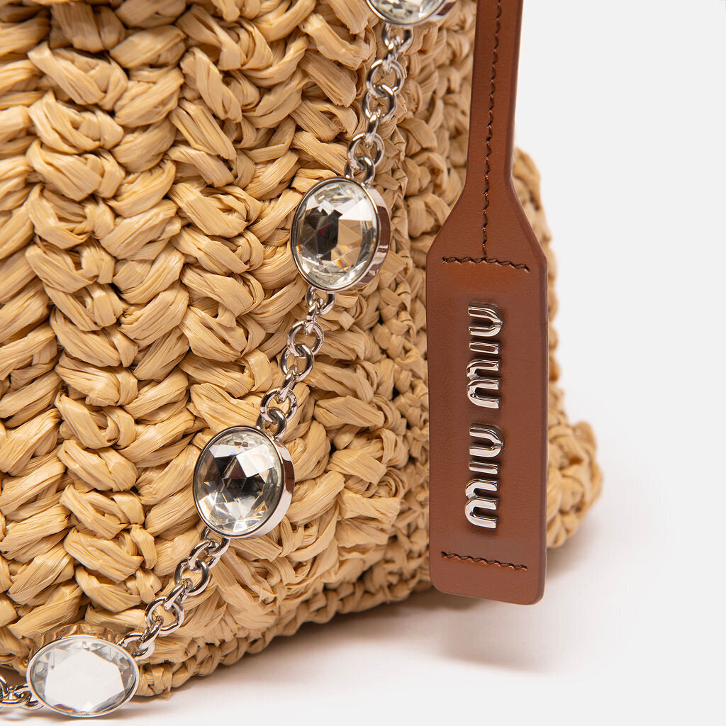 Miu Miu Tan Raffia & Floral Crossbody Bag