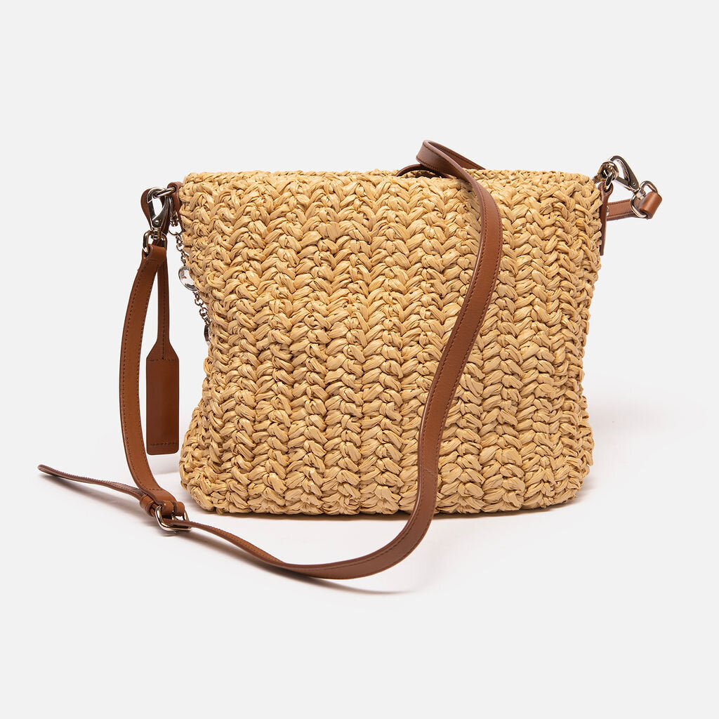 Miu Miu Tan Raffia & Floral Crossbody Bag