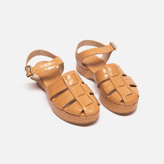 Freda Salvador Beige Leather Croc Embossed Fisherman Sandal