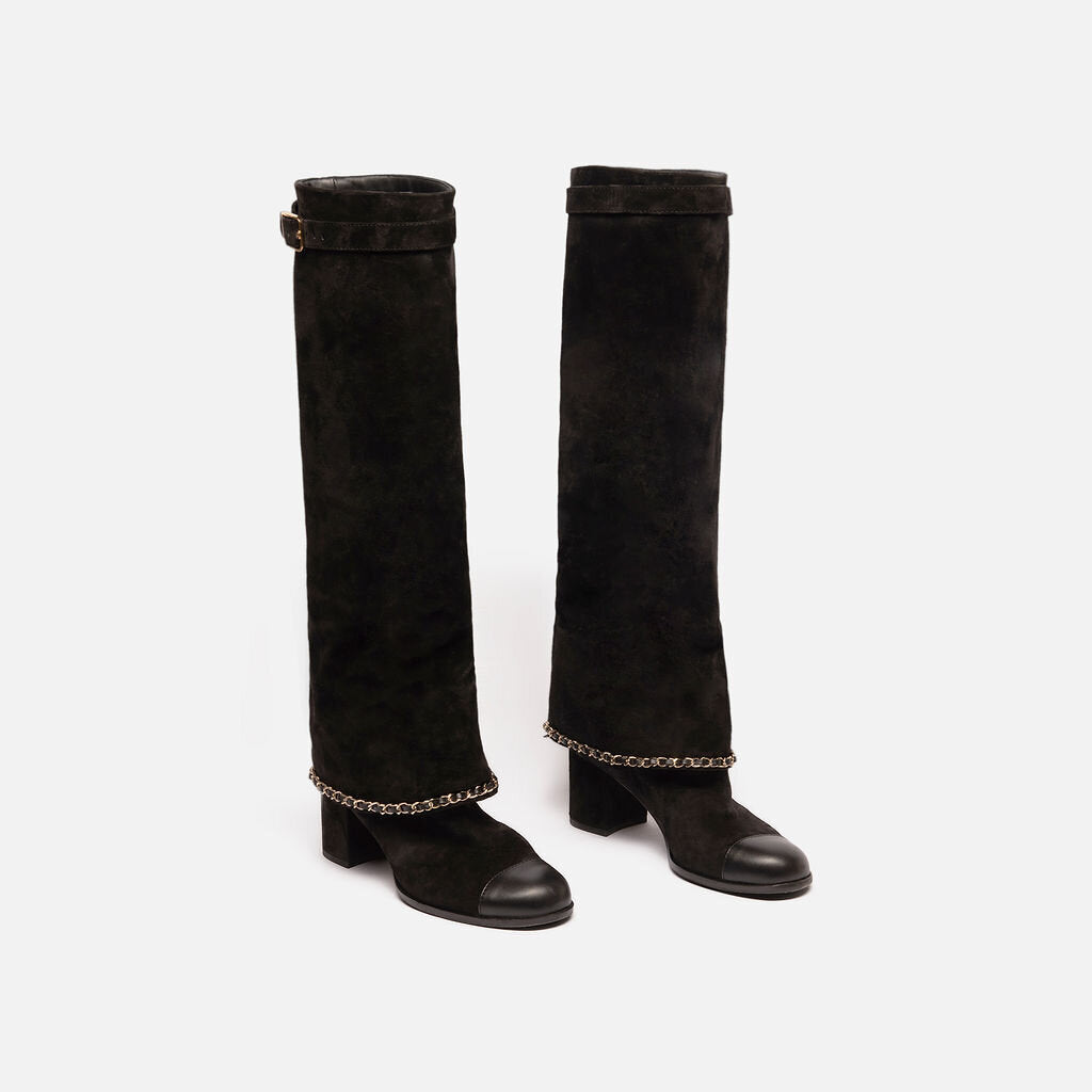 Chanel Black Suede Knee High Gold Chain Boots