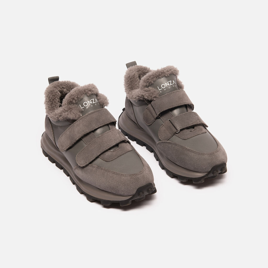 Lonza Grey Leather & Shearling Velcro Sneakers
